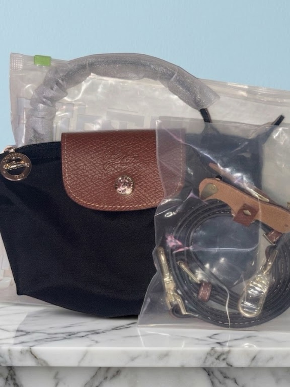 Longchamp Black Nylon Clutch with Brown Leather Le Pliage Mini